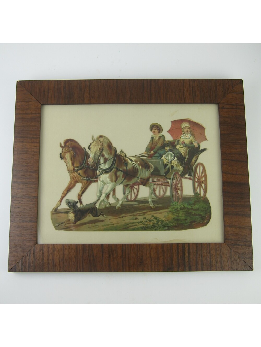 Victorian Framed Print Chromo Cutout Children Ride Horse Carriage Antique 1889